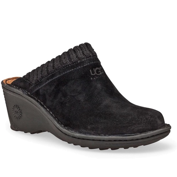 UGG Shoes - UGG Australia Gael Black Suede Clogs Wedge Heel Sheepskin Shearling Mules Sz 6